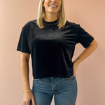 Dear John Maddox Short Sleeve Top in black, front close-up.