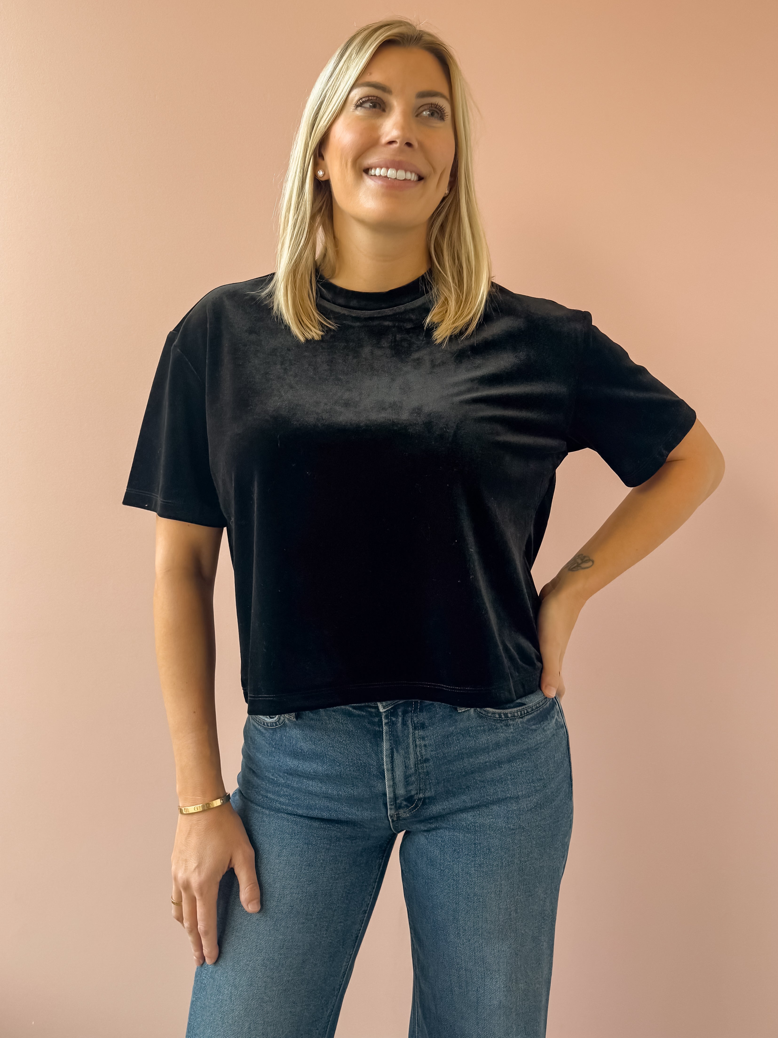 Dear John Maddox Short Sleeve Top in black, front close-up.