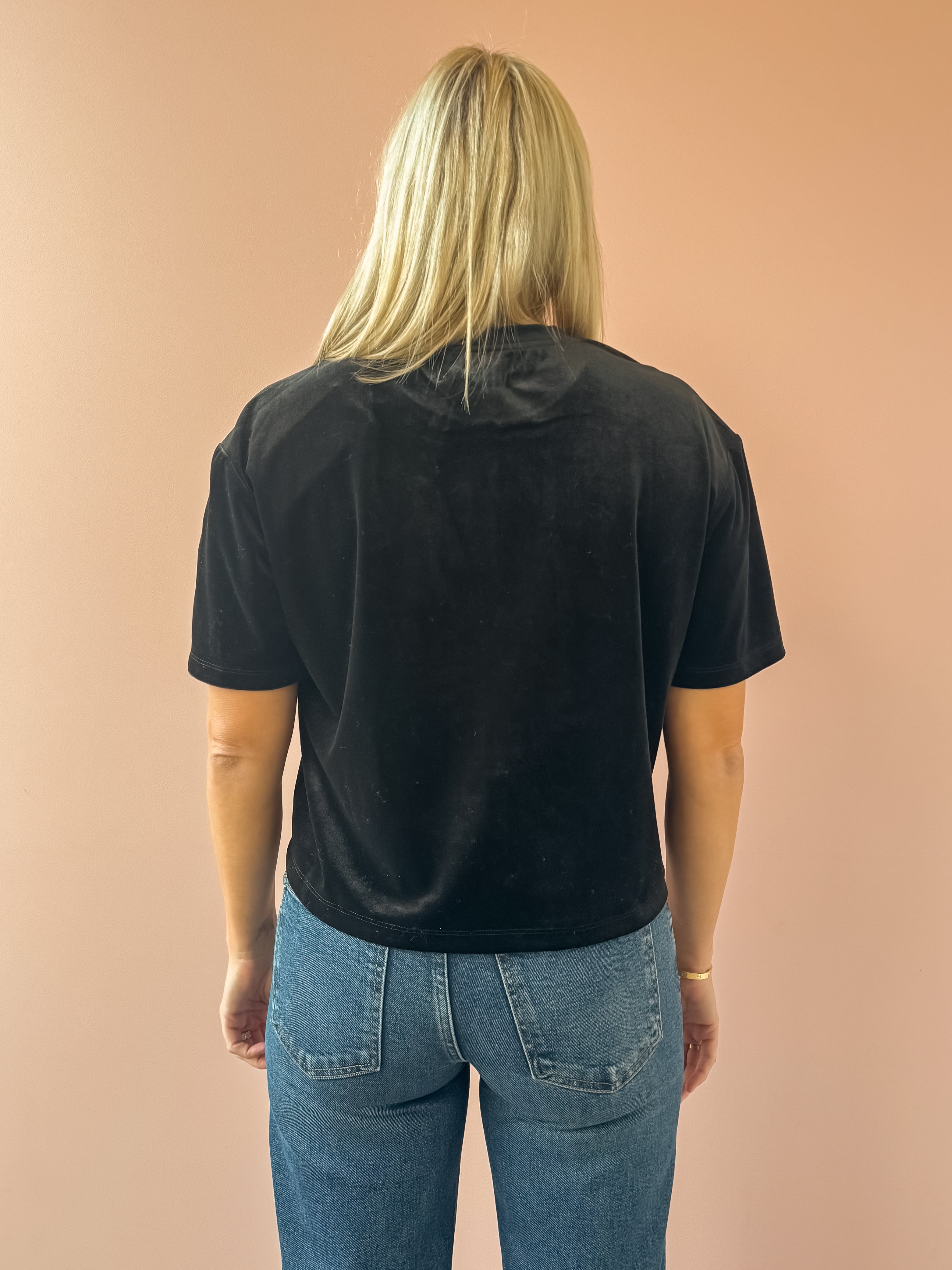 Dear John Maddox Short Sleeve Top in black, back close-up.