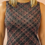 Le Lis Jenny Mini Dress in burgundy and black plaid, neckline detail.