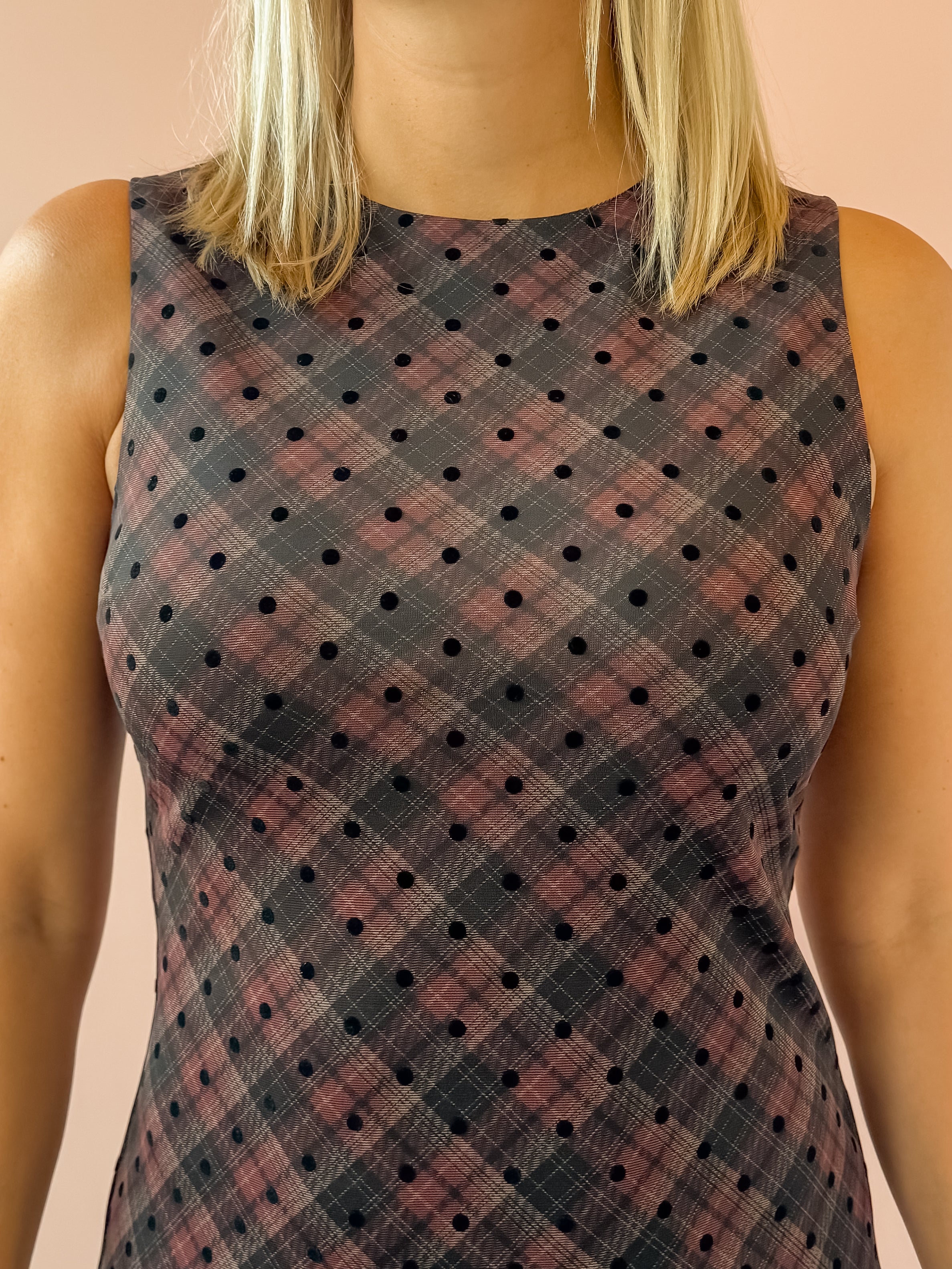 Le Lis Jenny Mini Dress in burgundy and black plaid, neckline detail.
