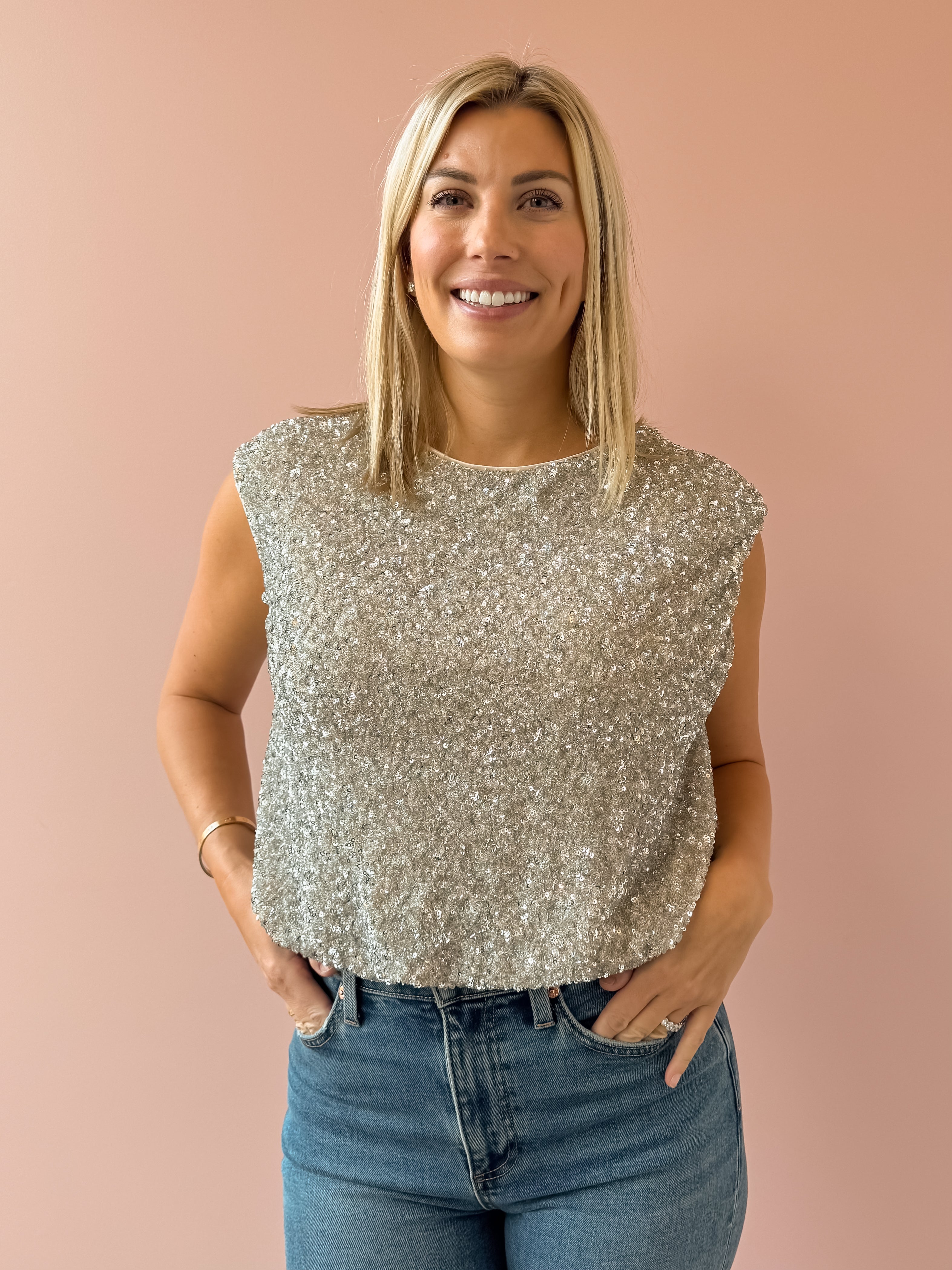 Sadie & Sage Luster Sequin Cami Top in silver, front close-up.