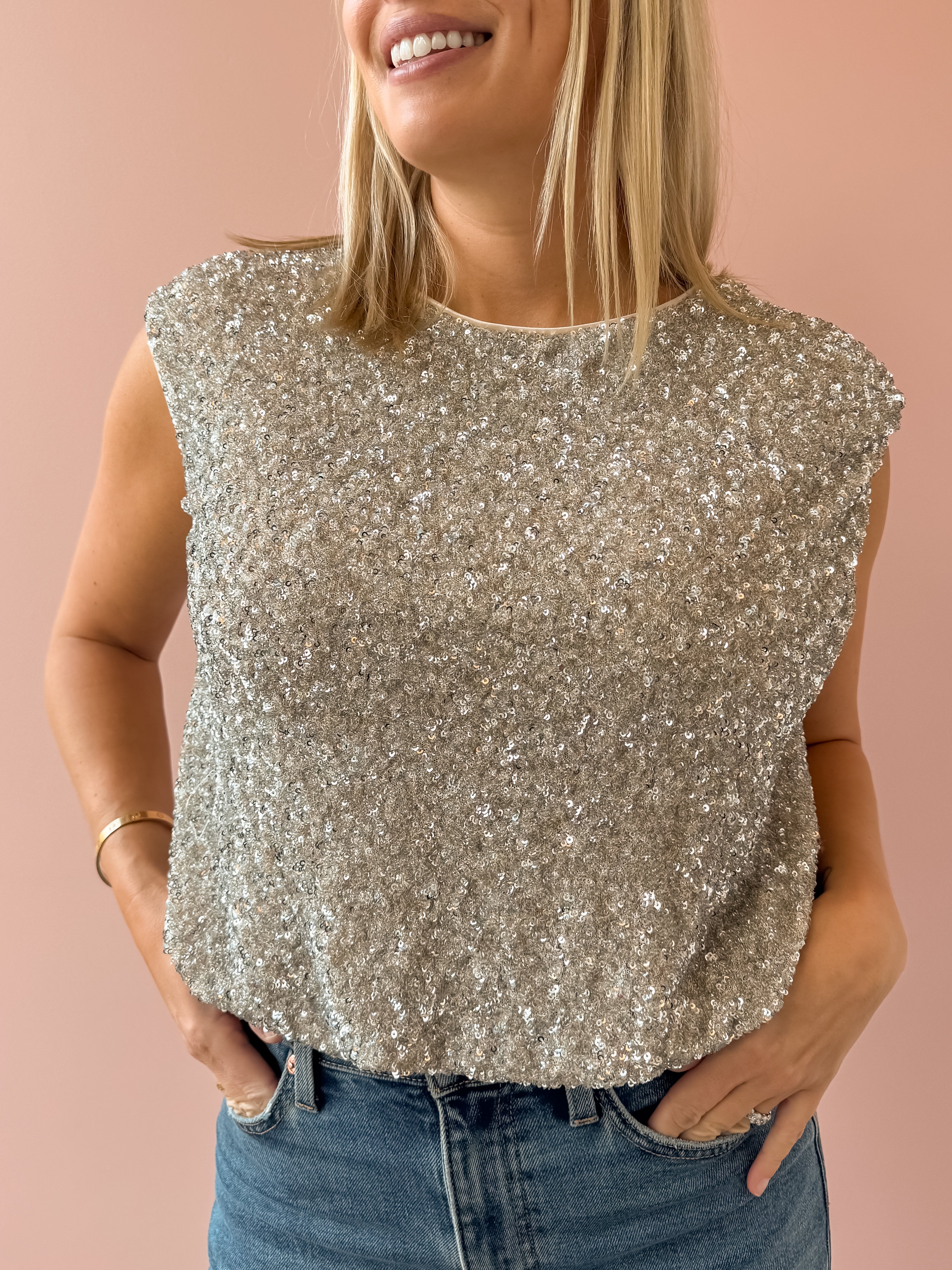 Sadie & Sage Luster Sequin Cami Top in silver, front close-up.