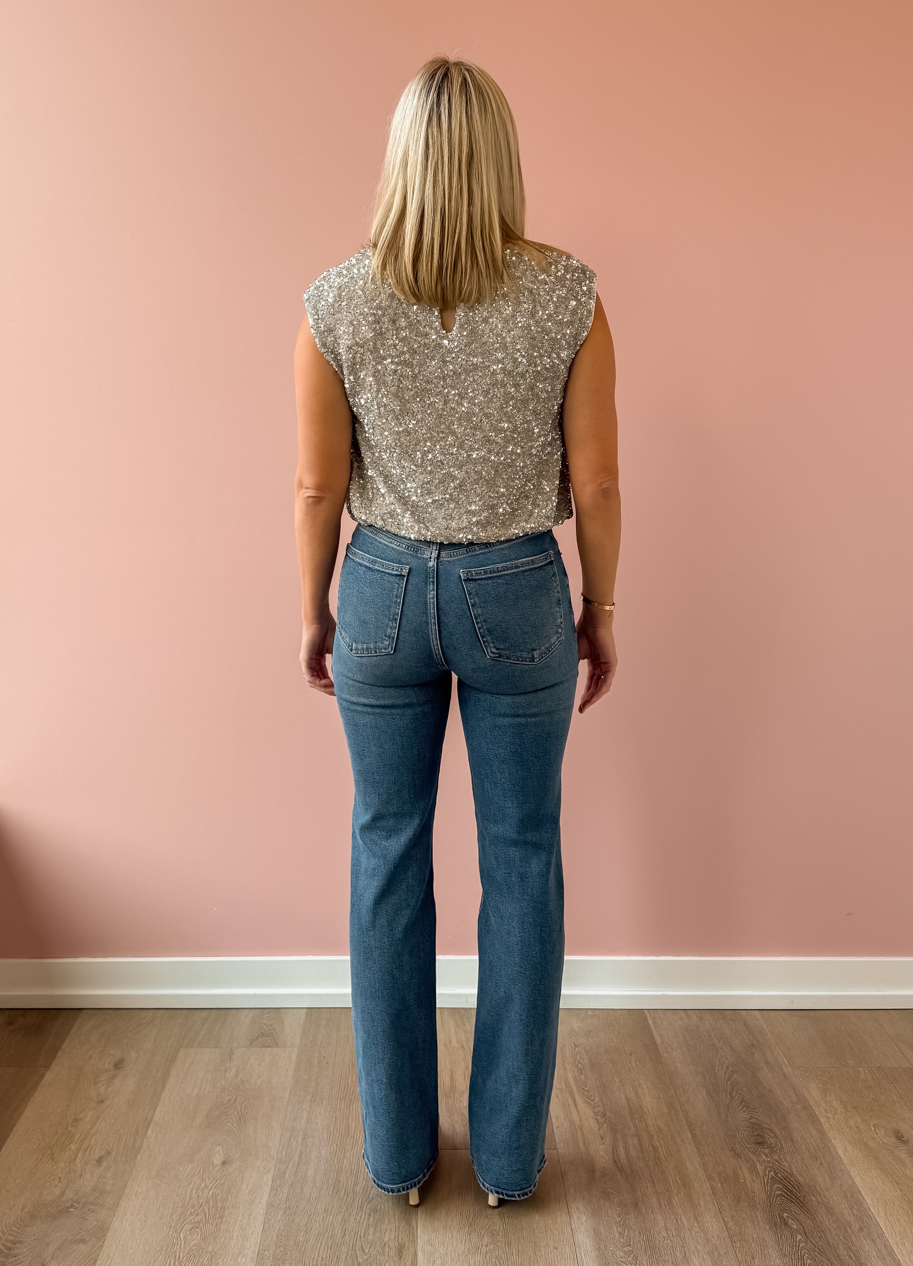 Sadie & Sage Luster Sequin Cami Top in silver, back view.