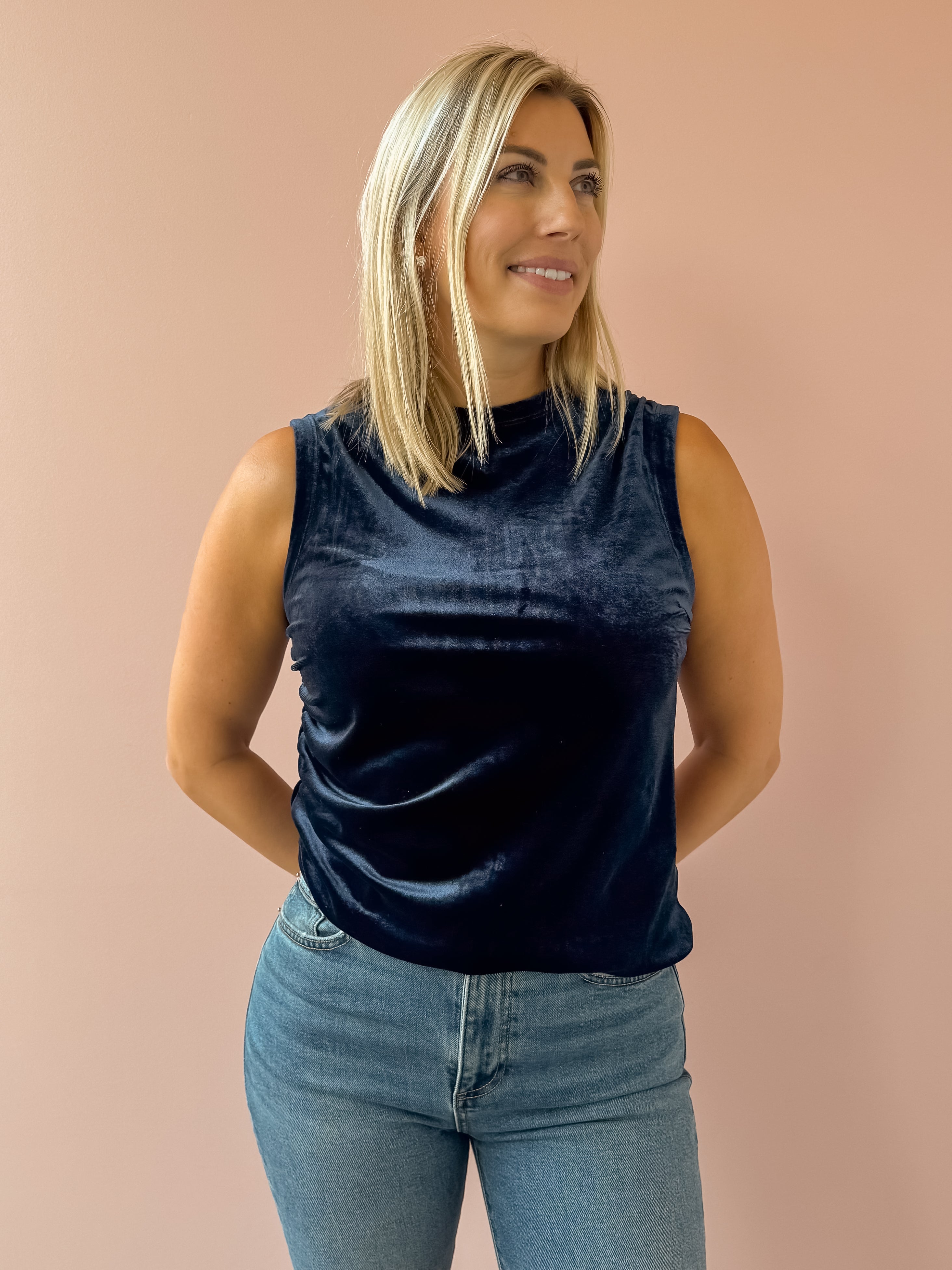 Dear John Shaunee Top in blue, front close-up.