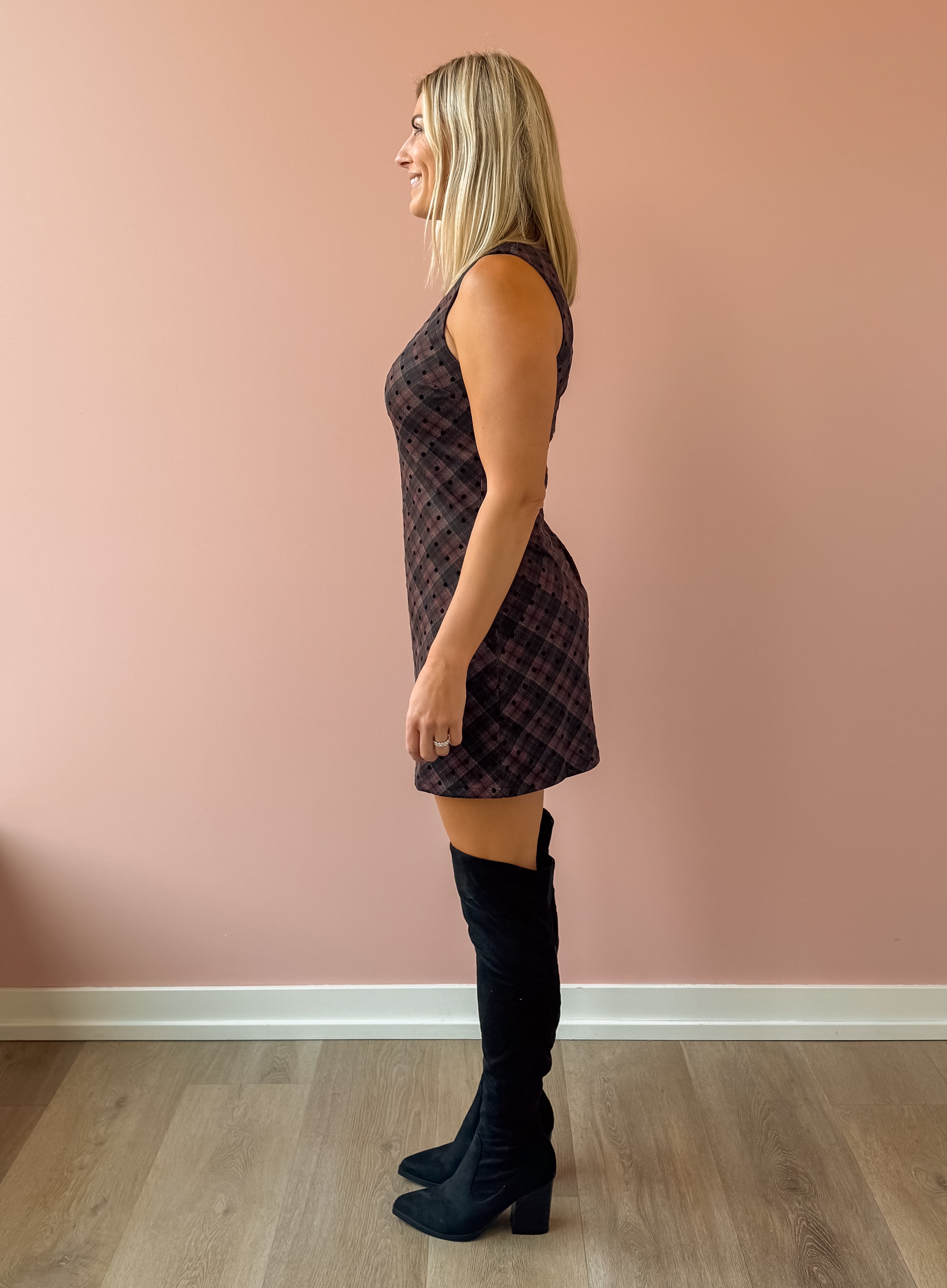 Le Lis Jenny Mini Dress in burgundy and black plaid, side view.