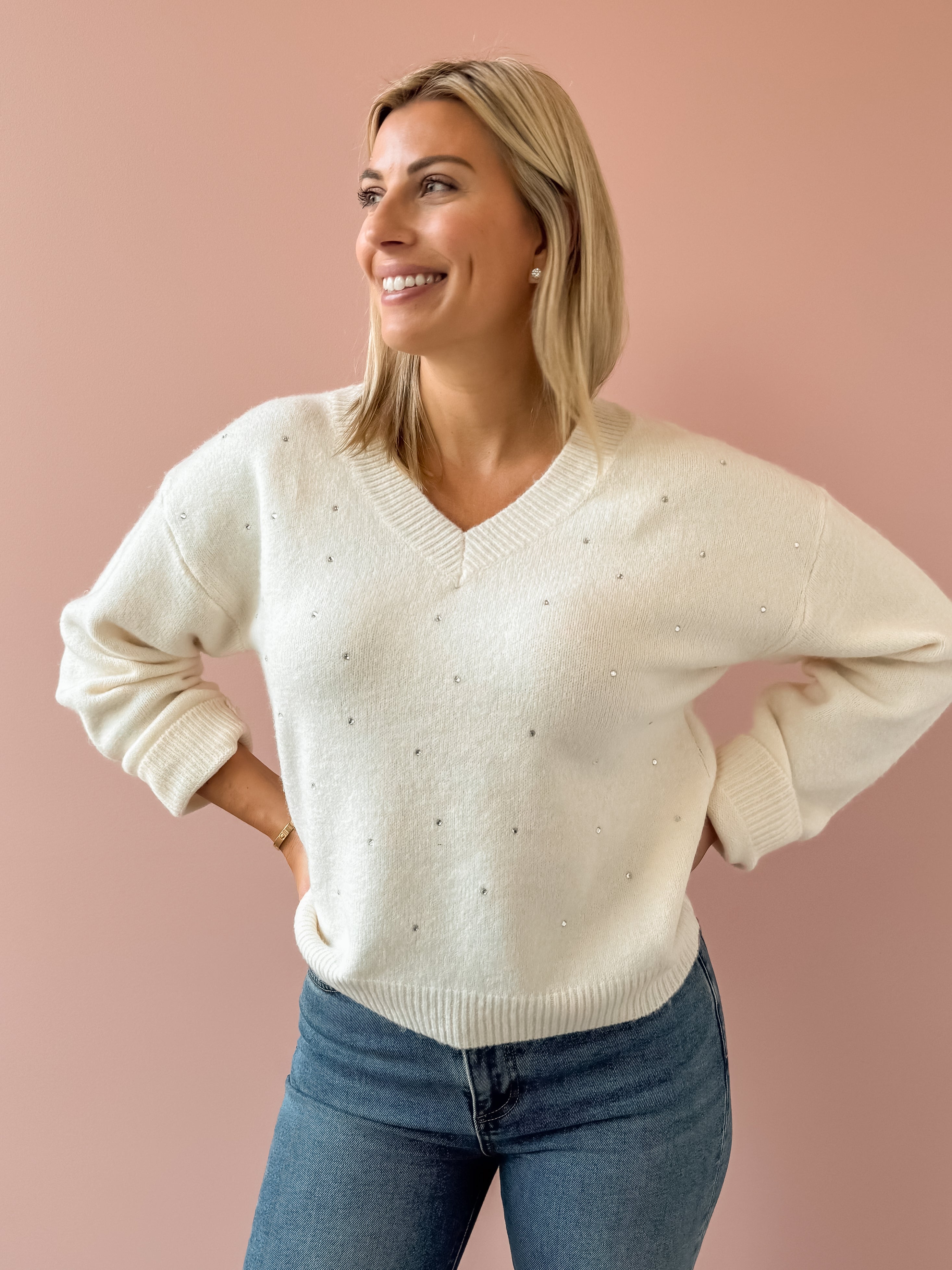 Adelyn Rae Angie Sweater in white, front close-up.