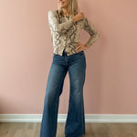 Current Air Snake Bite Cardigan in taupe snake print, front view.
