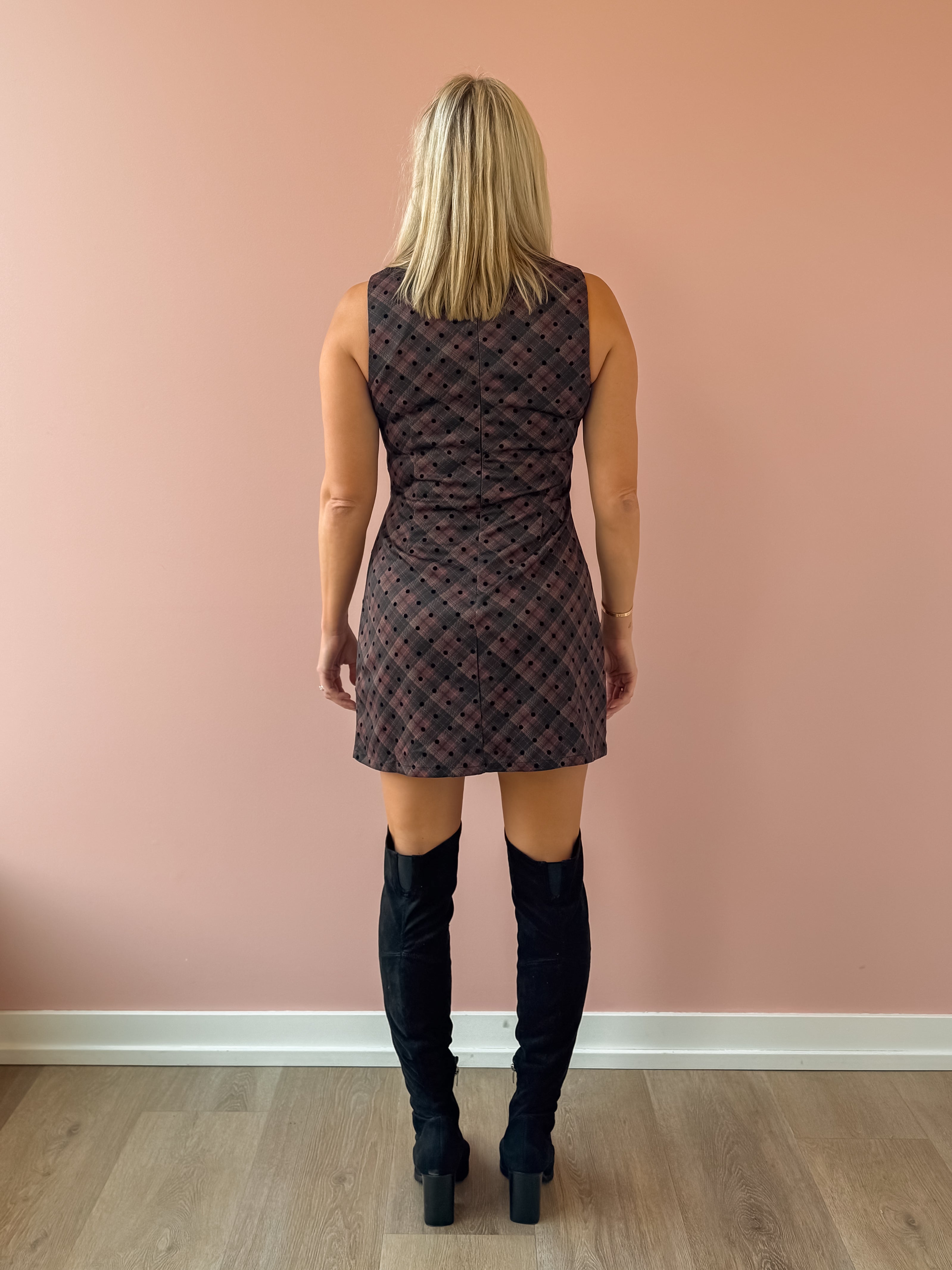 Le Lis Jenny Mini Dress in burgundy and black plaid, back view.