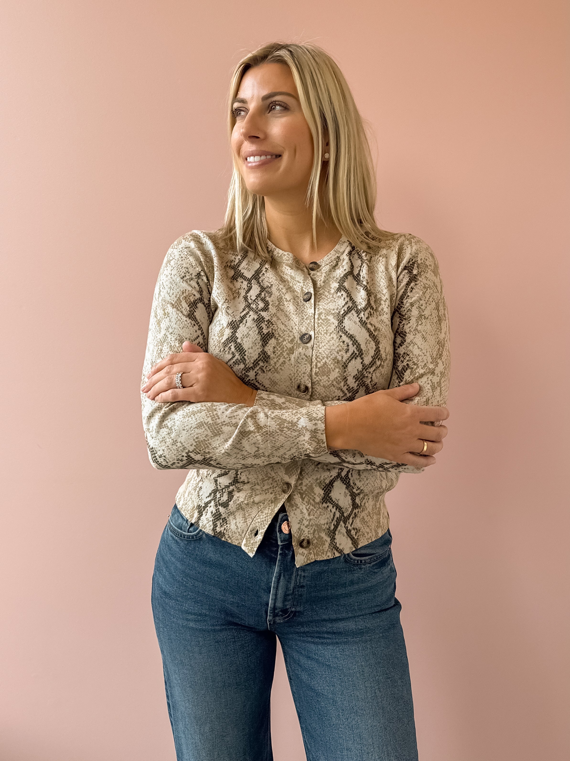 Current Air Snake Bite Cardigan in taupe snake print, front close-up.