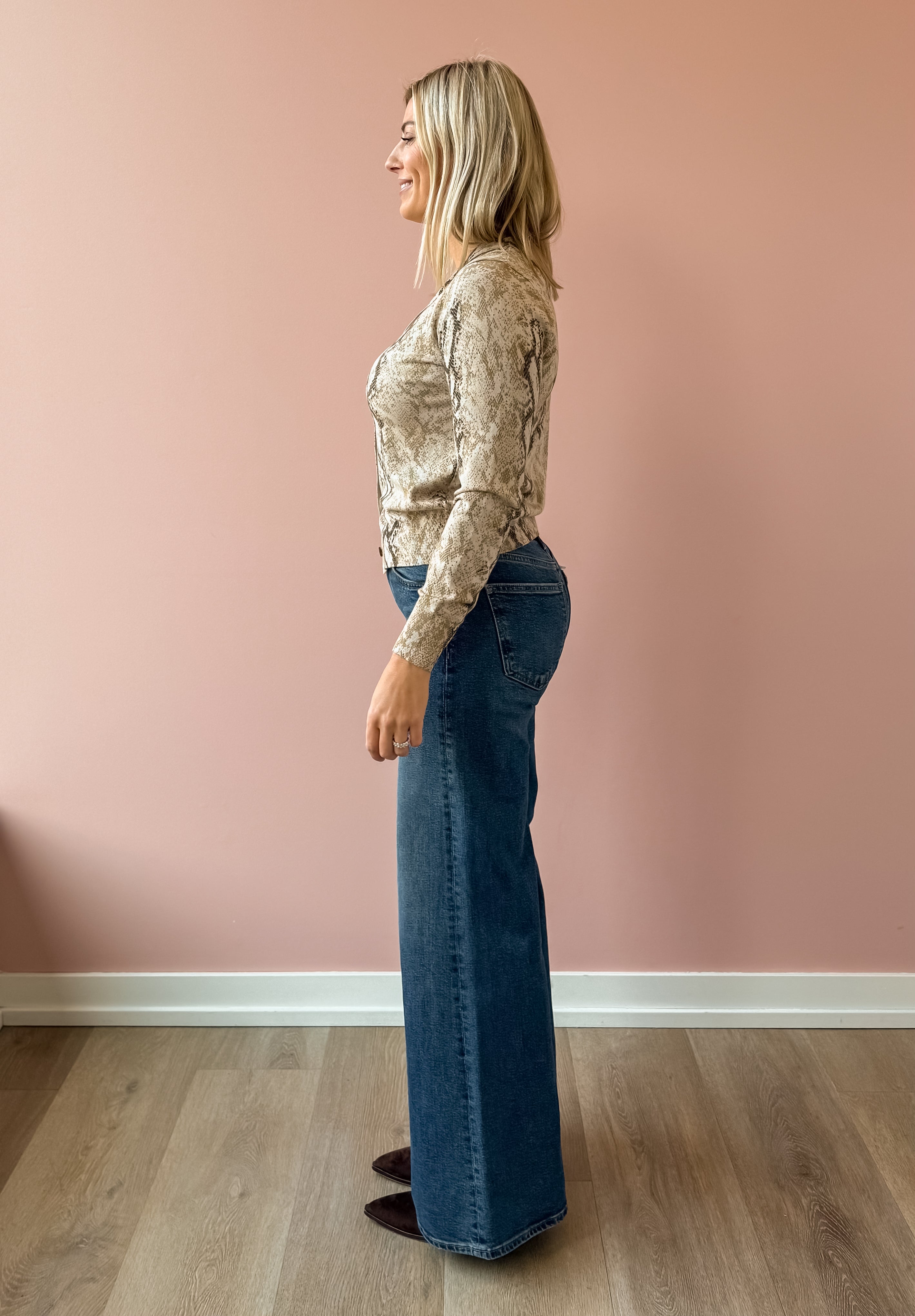 Current Air Snake Bite Cardigan in taupe snake print, side view.