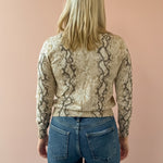 Current Air Snake Bite Cardigan in taupe snake print, back close-up.