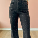 Just Black Denim Stella High Rise Straight Jean in black, close-up of the rhinestone detail.