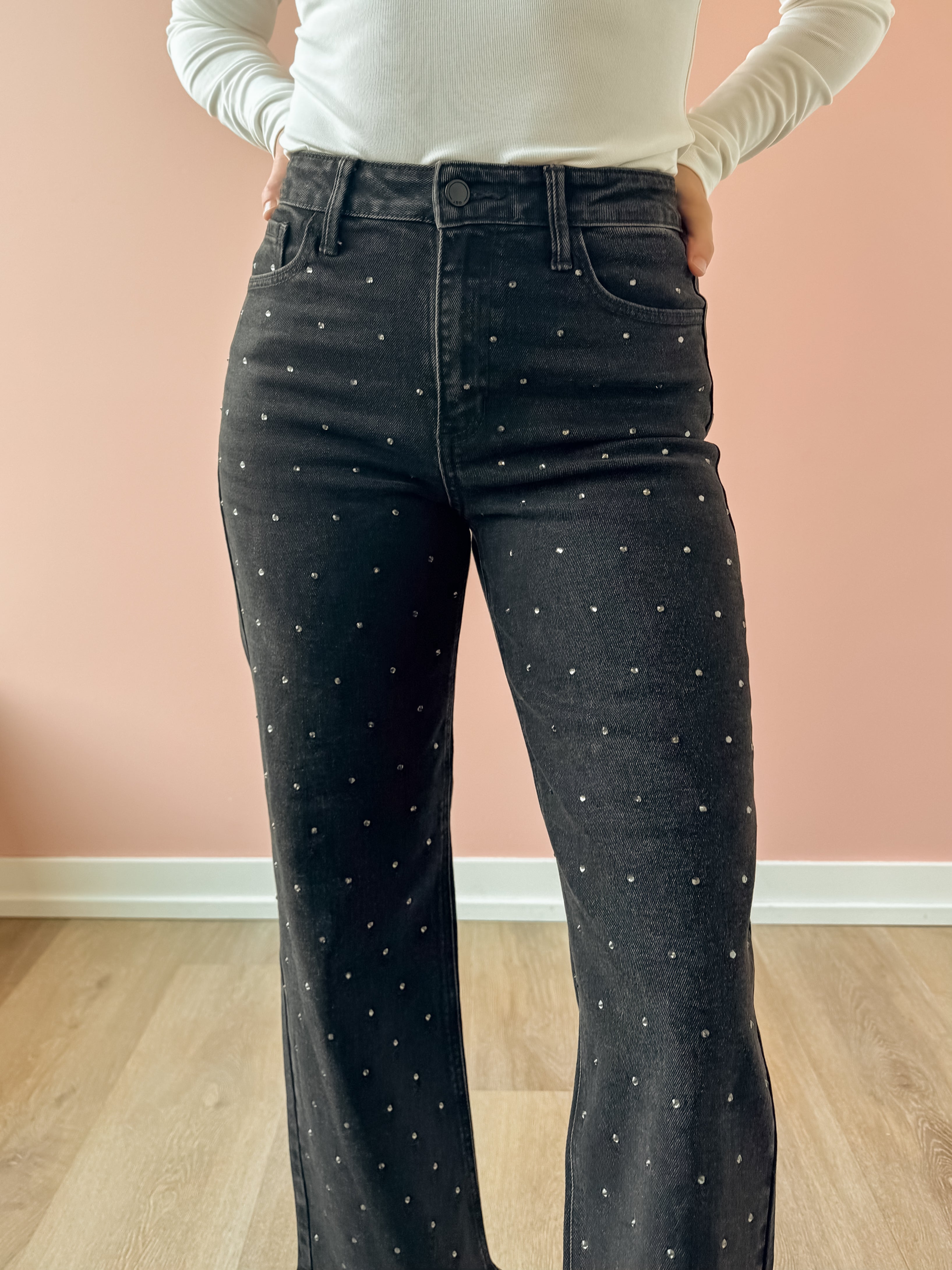Just Black Denim Stella High Rise Straight Jean in black, close-up of the rhinestone detail.