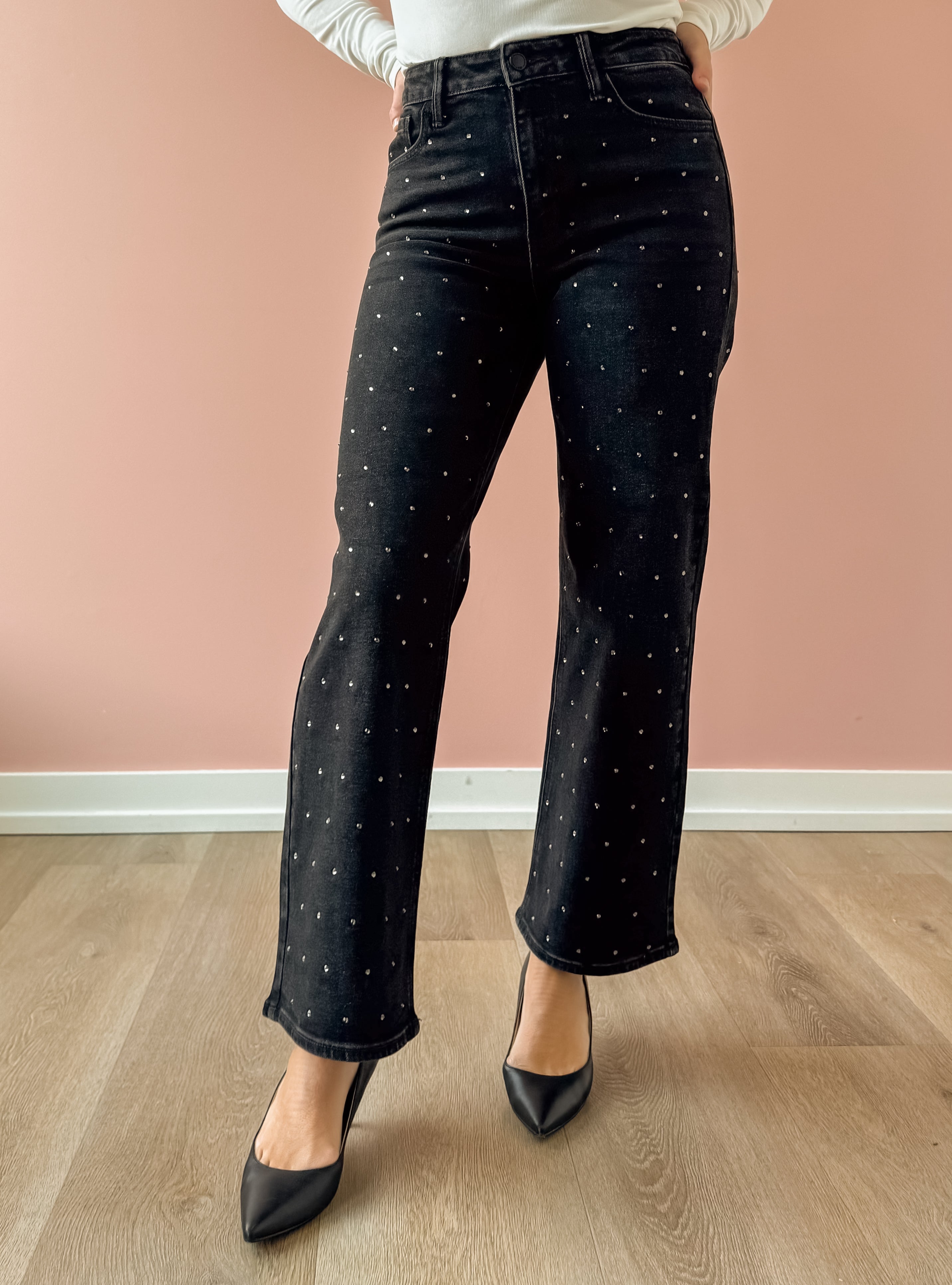Just Black Denim Stella High Rise Straight Jean in black, front view.