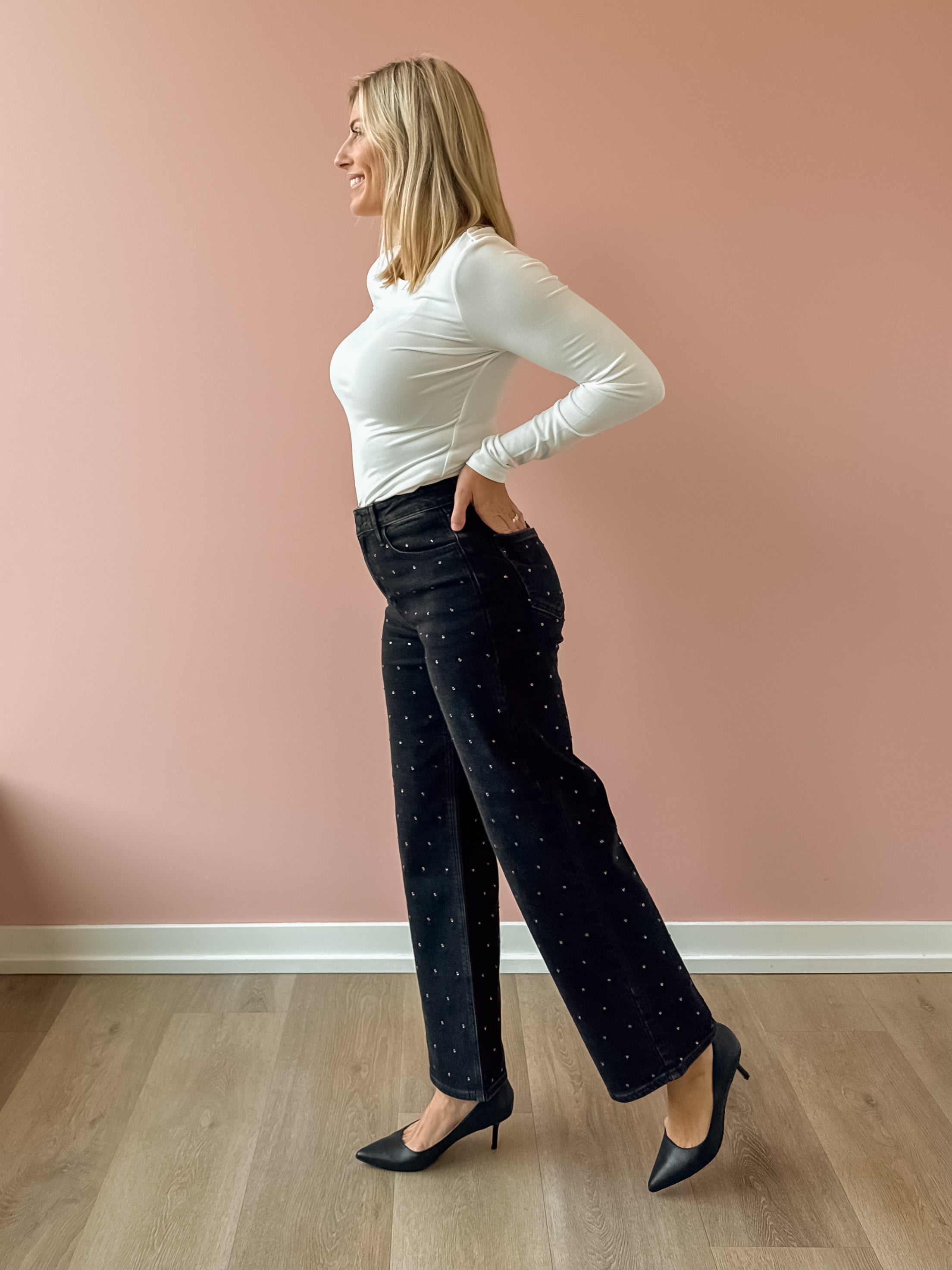 Just Black Denim Stella High Rise Straight Jean in black, side view.
