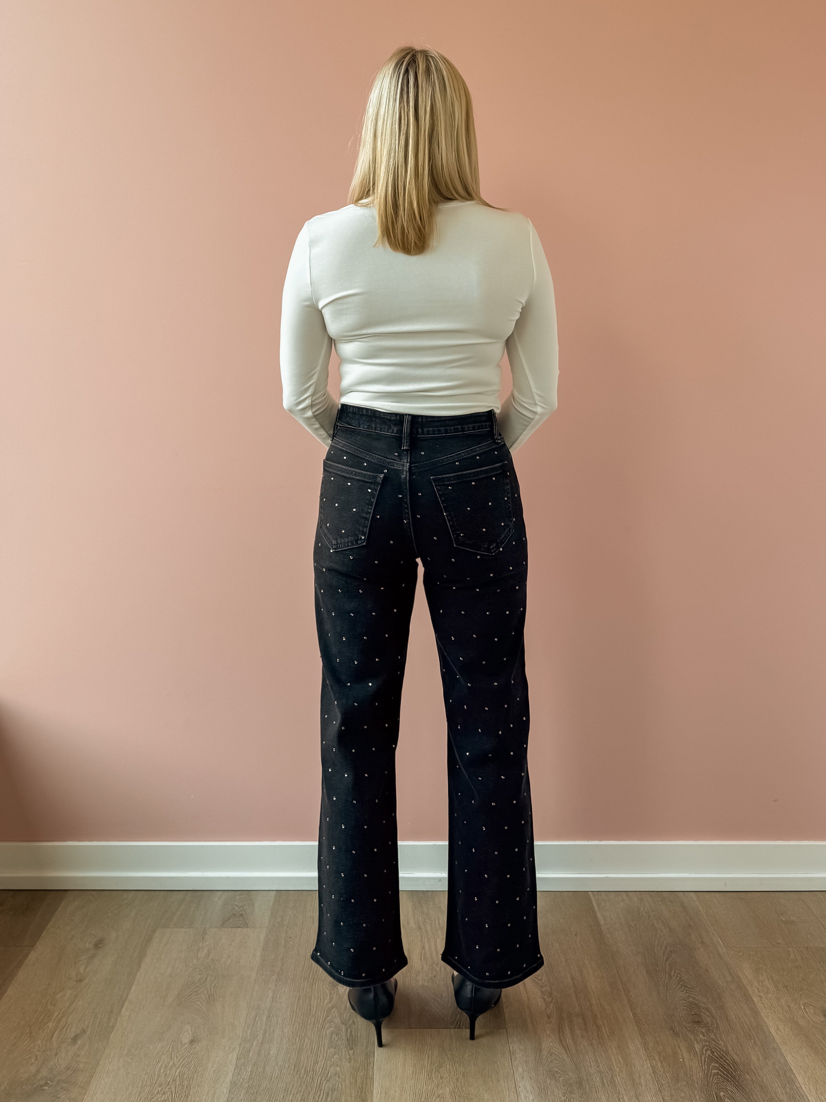 Just Black Denim Stella High Rise Straight Jean in black, back view.