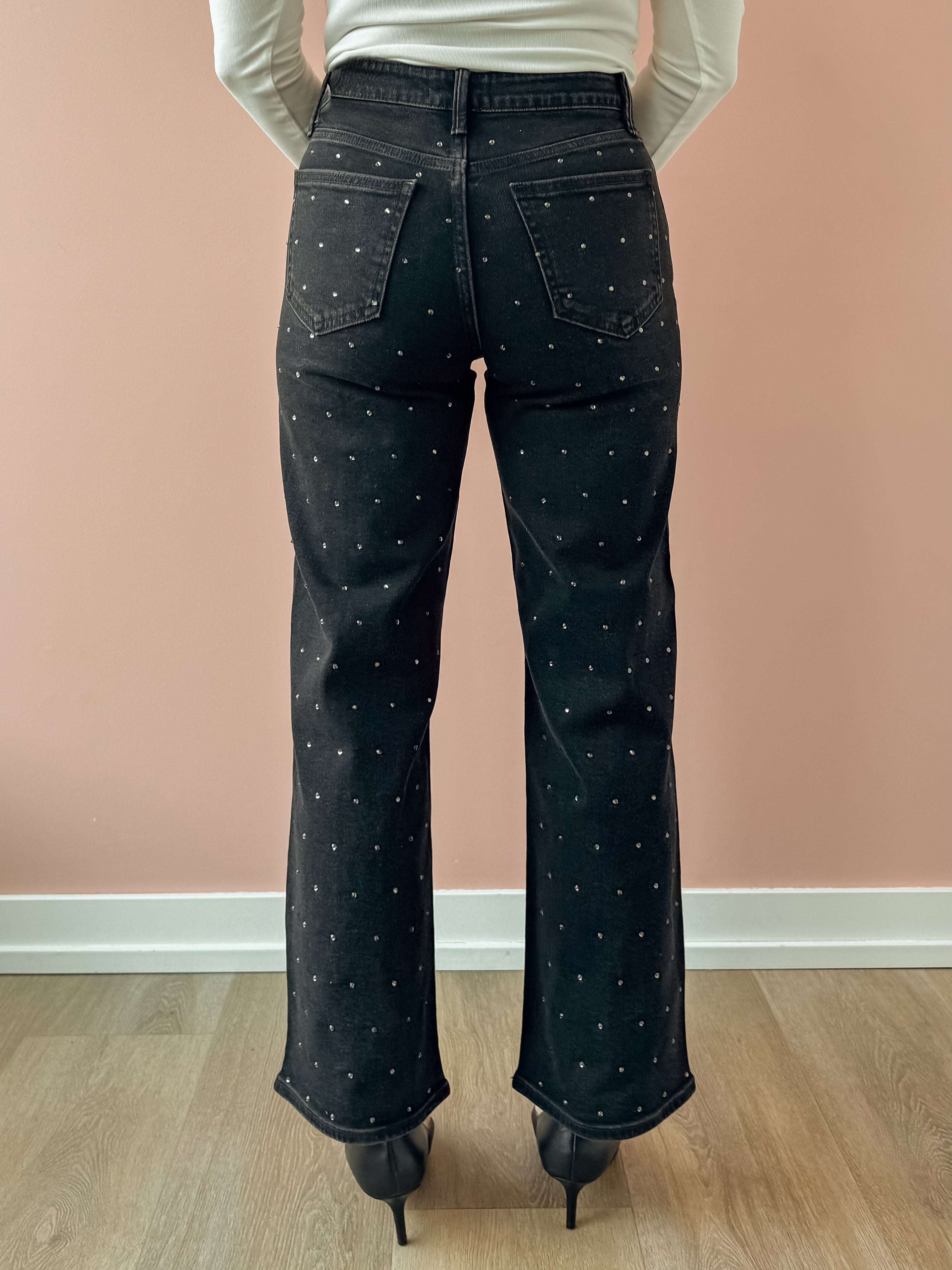 Just Black Denim Stella High Rise Straight Jean in black, back close-up.