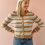 Z Supply Medina Stripe Cardigan in tan stripe, front close-up.