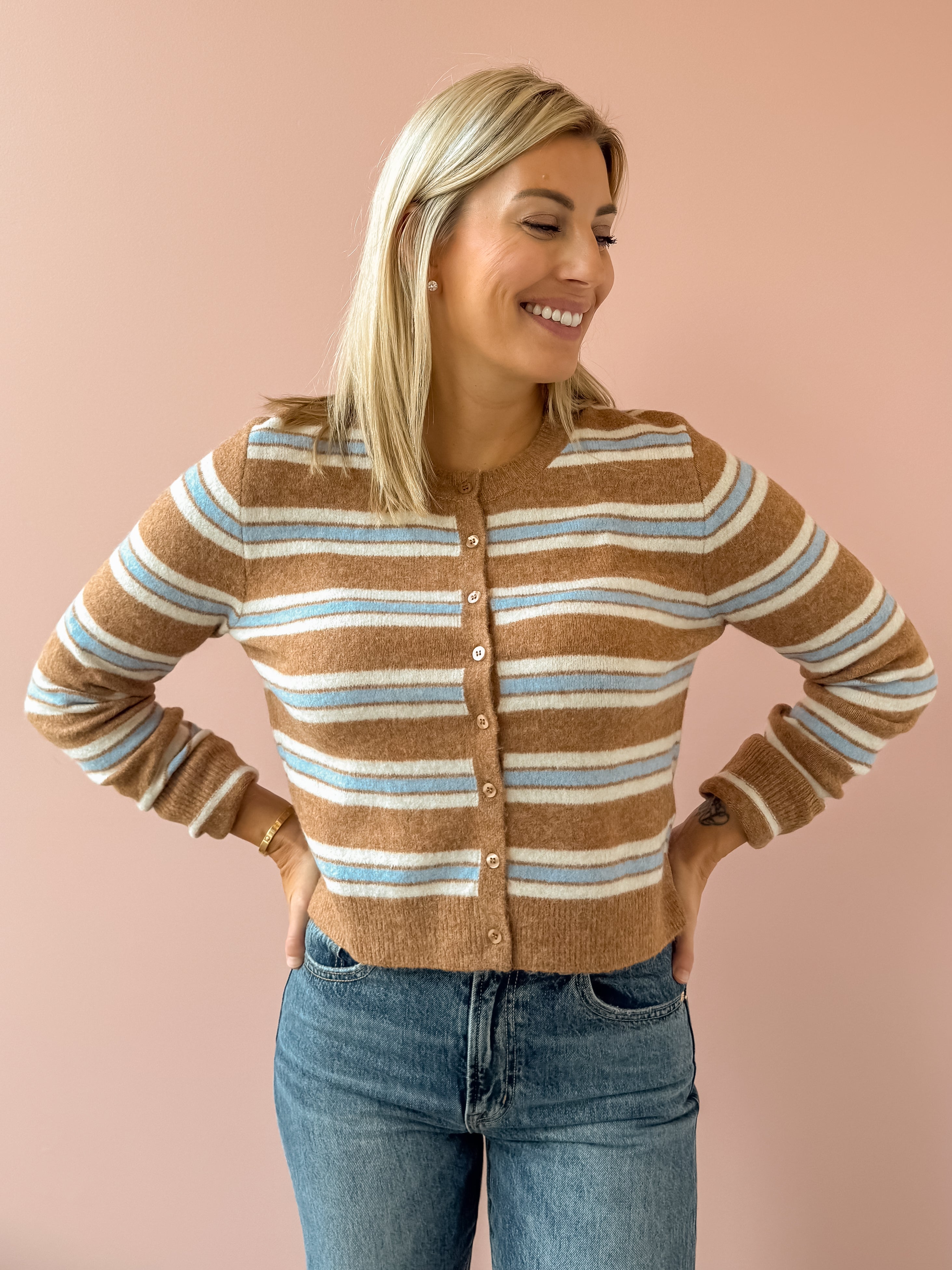 Z Supply Medina Stripe Cardigan in tan stripe, front close-up.