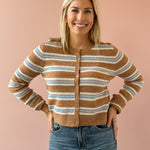 Z Supply Medina Stripe Cardigan in tan stripe, front close-up.