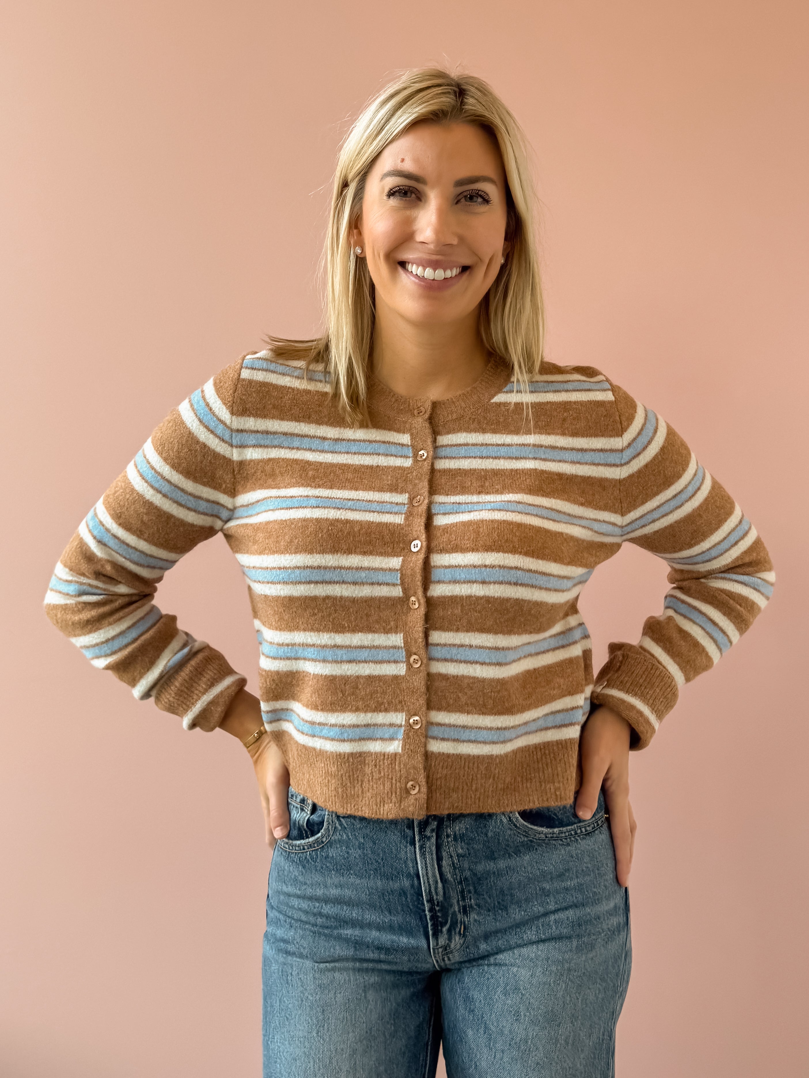 Z Supply Medina Stripe Cardigan in tan stripe, front close-up.