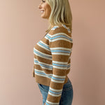 Z Supply Medina Stripe Cardigan in tan stripe, side close-up.