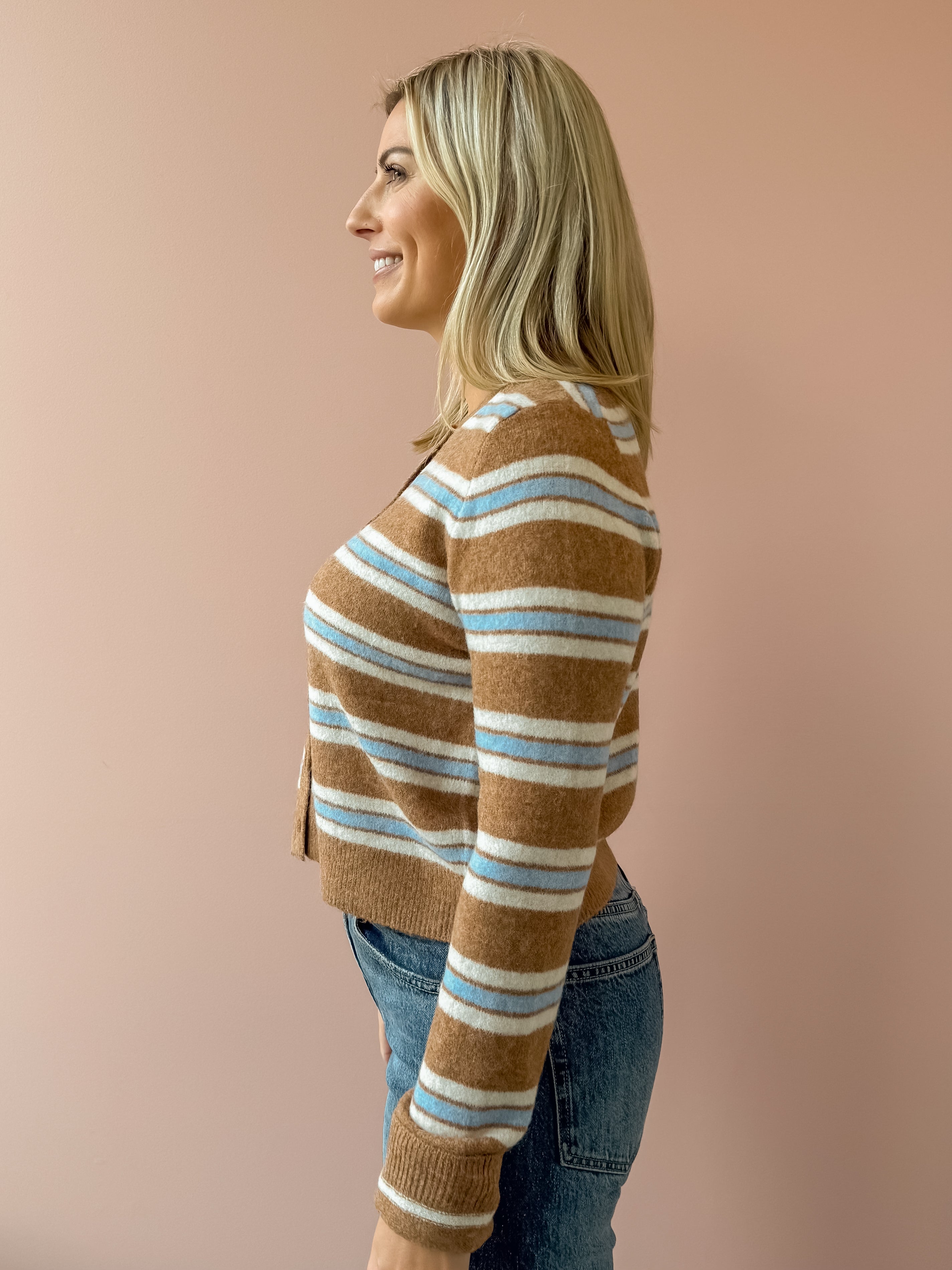Z Supply Medina Stripe Cardigan in tan stripe, side close-up.
