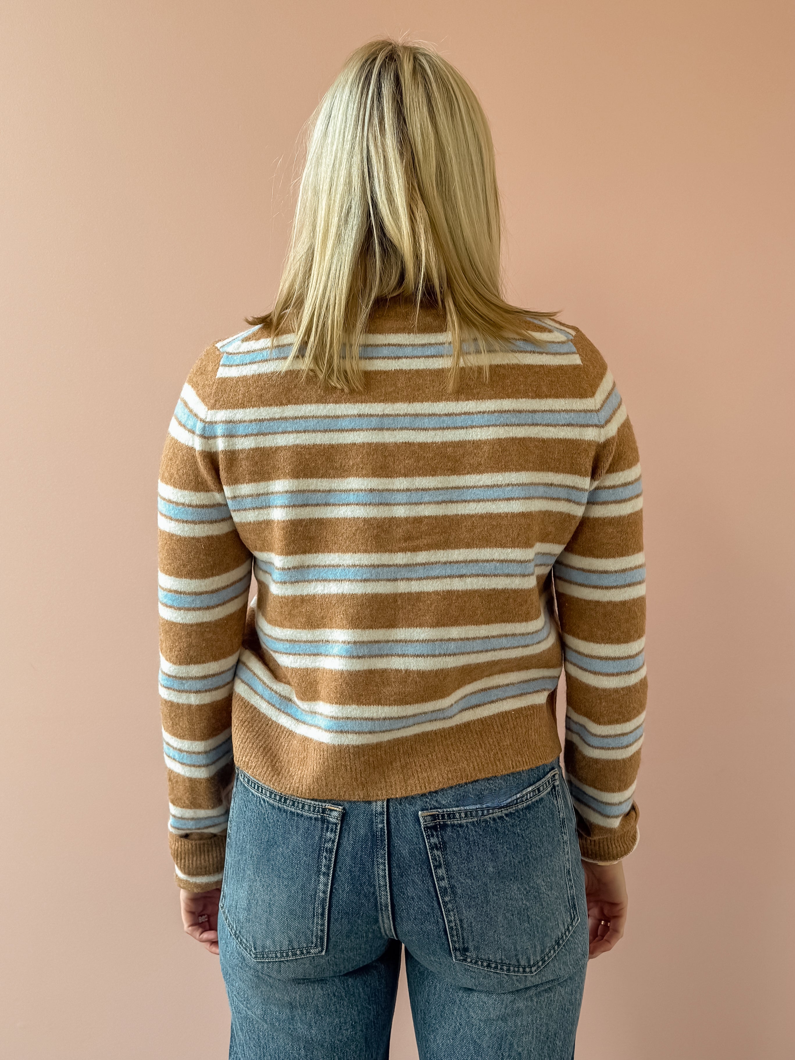 Z Supply Medina Stripe Cardigan in tan stripe, back close-up.