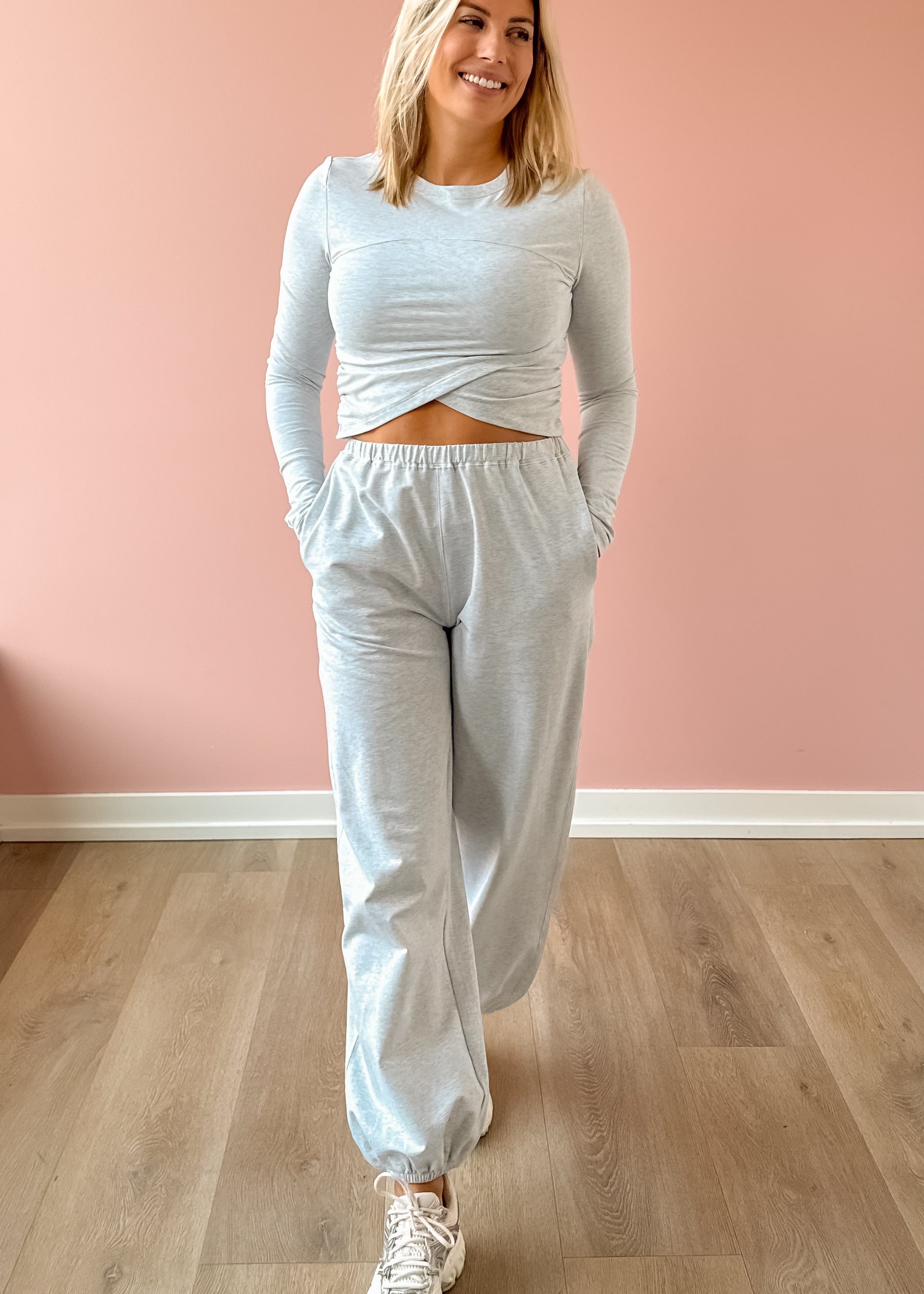 Glowie Maddie Jogger in grey, front view.