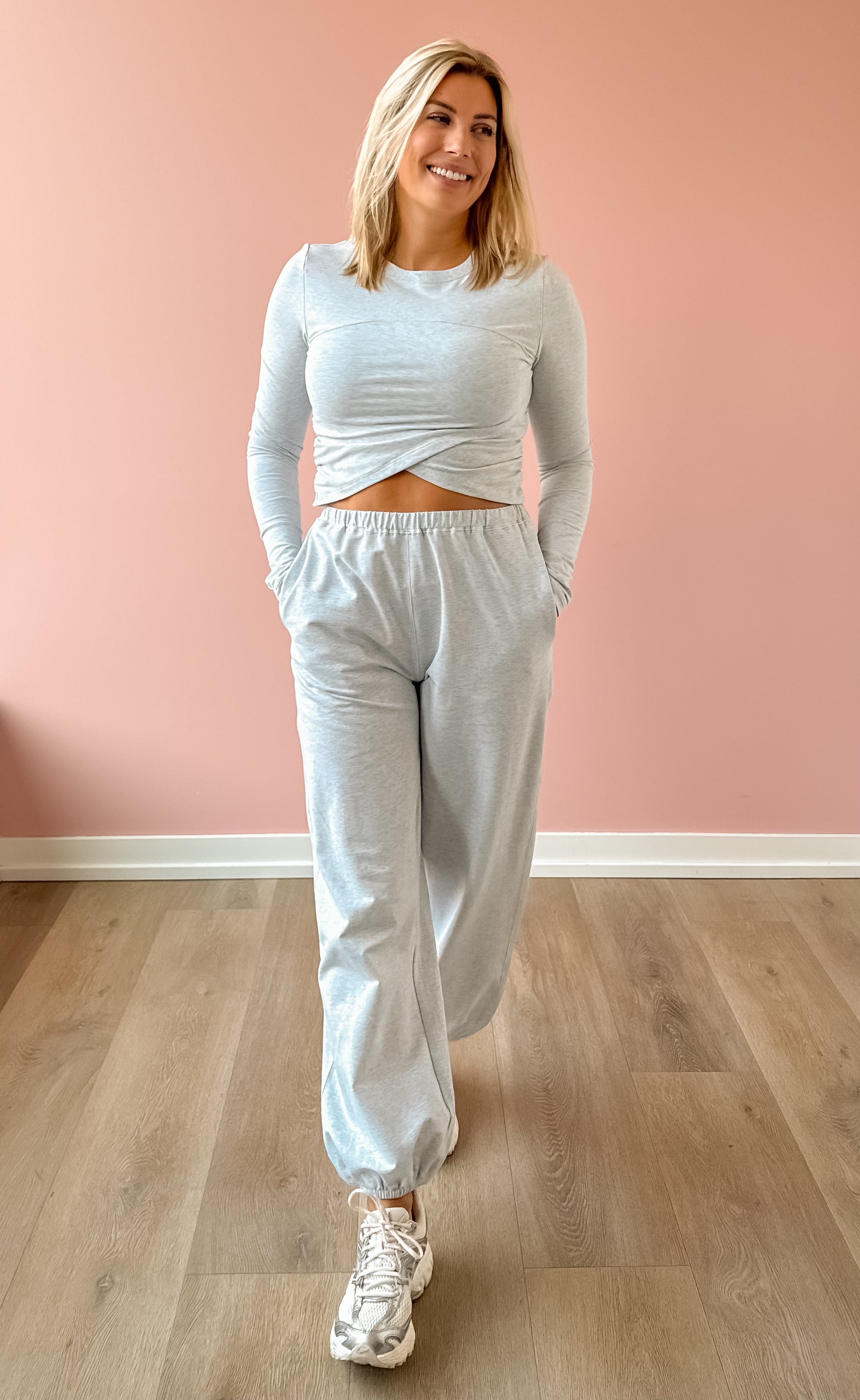 Glowie Maddie Jogger in grey, front view.