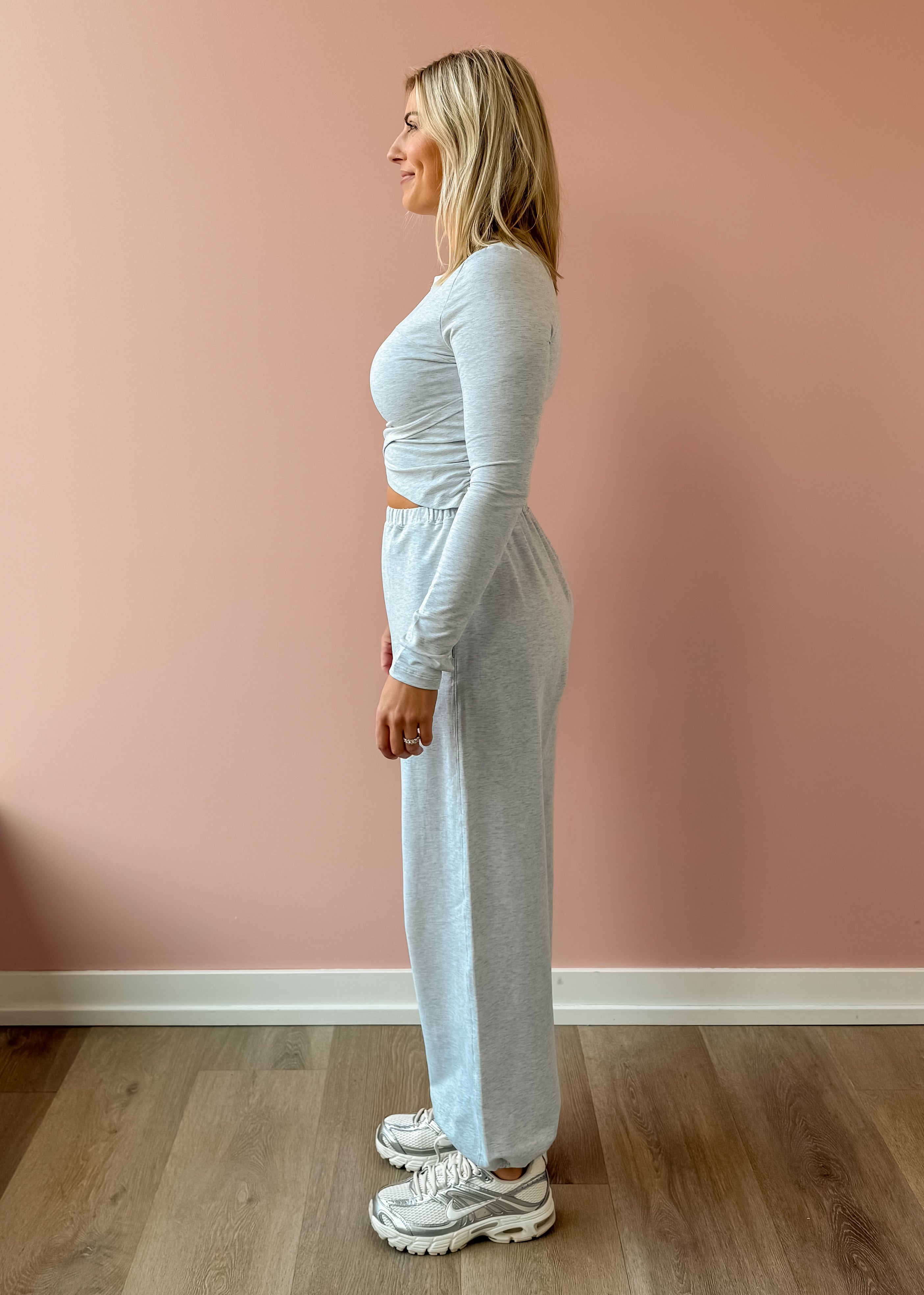 Glowie Maddie Jogger in grey, side view.